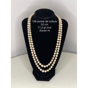 Collier 2 Rangs 126 Perles De Culture 52 Cm Fermoir Or Et Diamants