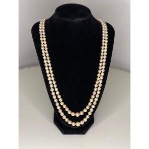 Double Row Necklace 194 Cultured Pearl Gold Clasp And Diamonds 64 Cm Art Deco