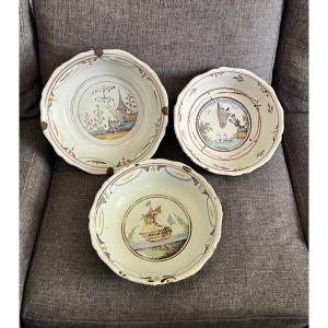Set Of 3 Nevers Faience Salad Bowls, 18th Century