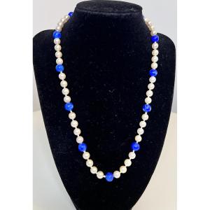 Chocker Necklace 59 Akoya Cultured Pearls And Lapis Lazuli Gold Clasp 50 Cm