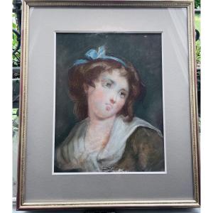 PORTRAIT Jeune Femme au noeud bleu PASTEL 19 EME SIÈCLE PEINTURE 
