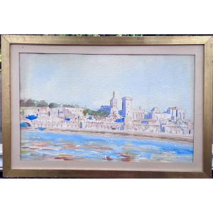 PAYSAGE BORD DE RIVIERE AVIGNON - AQUARELLE DELETTREZ 