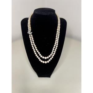 Collier Double Rangs Asymétrique 157 Perles De Culture Fermoir Or Et Diamants 46 cm