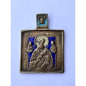 Russian Bronze Cloisonné Enamel Icon 19th Century Saint Nicholas