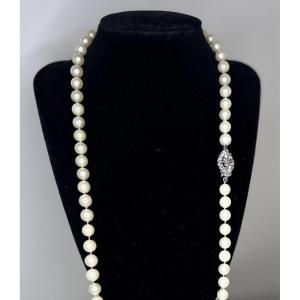 Necklace 58 White Akoya Cultured Pearls 18k Gold Clasp Sapphire 54 Cm