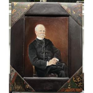 Cadre cuir art nouveau Amélia Roulleau manufacture de Sèvres 19 eme siècle portrait homme 