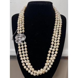 Three-strand Cultured Pearl Necklace With Silver Clasp And 8 Rhinestones, 52 Cm