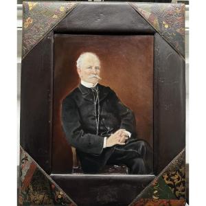Sèvres Porcelain Plaque, Art Nouveau Leather Frame, Amélia Roulleau, 19th Century, Portrait Of A Man