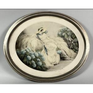 Estampe Louis Icart, « les Hortensias » portrait art nouveau art deco