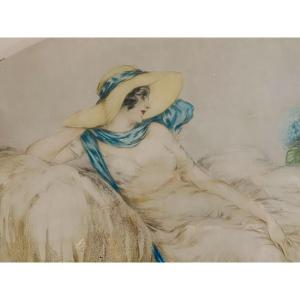 Estampe Louis Icart, « les Hortensias » portrait art nouveau art deco