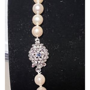 Collier 58 Perles De Culture Blanche Akoya Fermoir Or 18k Saphir 54 Cm