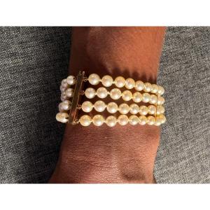 Bracelet 4 rangs perles de culture fermoir et 3 barrettes en or 18K 17,5 cm