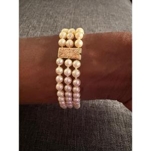 Bracelet 3 rangs perles de culture fermoir et 2 barrettes en or 18K 20 cm