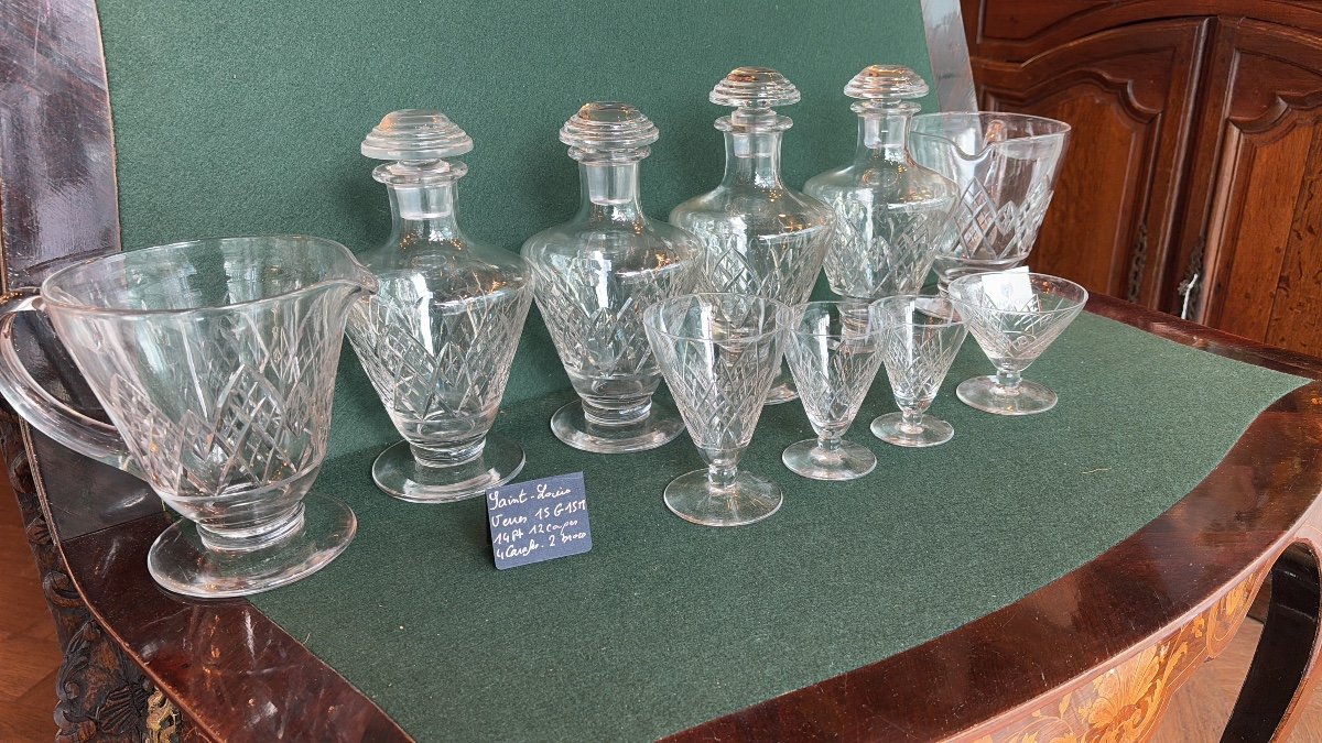 Saint Louis Art Deco Service 57 Glasses, 2 Jugs, 4 Carafes Astrid Model