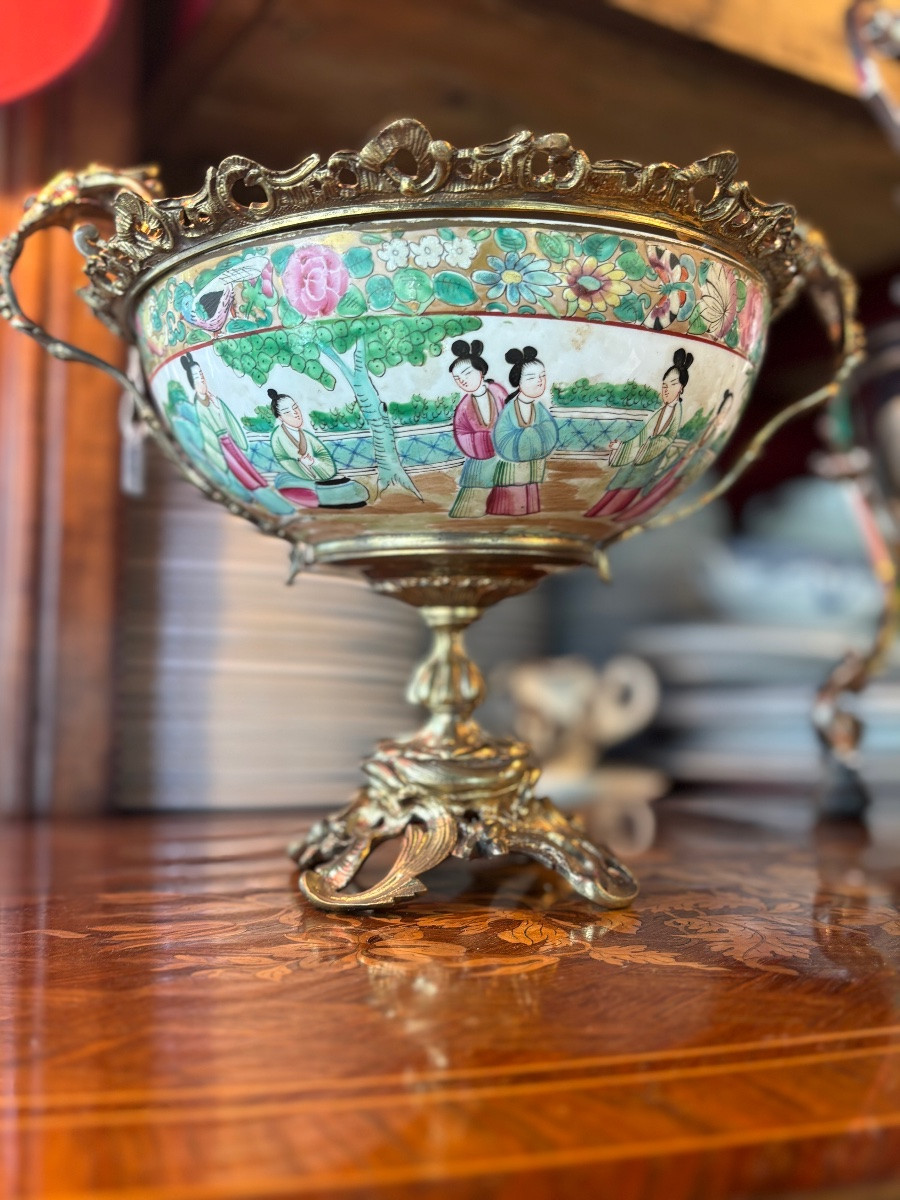 Cantonese Porcelain Cup, Bronze Mount, 19th Century-photo-3
