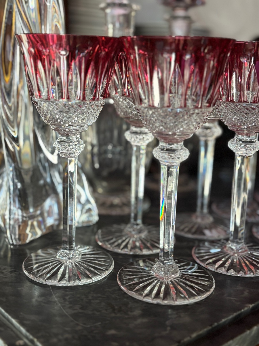 Beautiful Set Of 18 Saint Louis Tommy Rouge Glasses, Height 19.8cm-photo-2