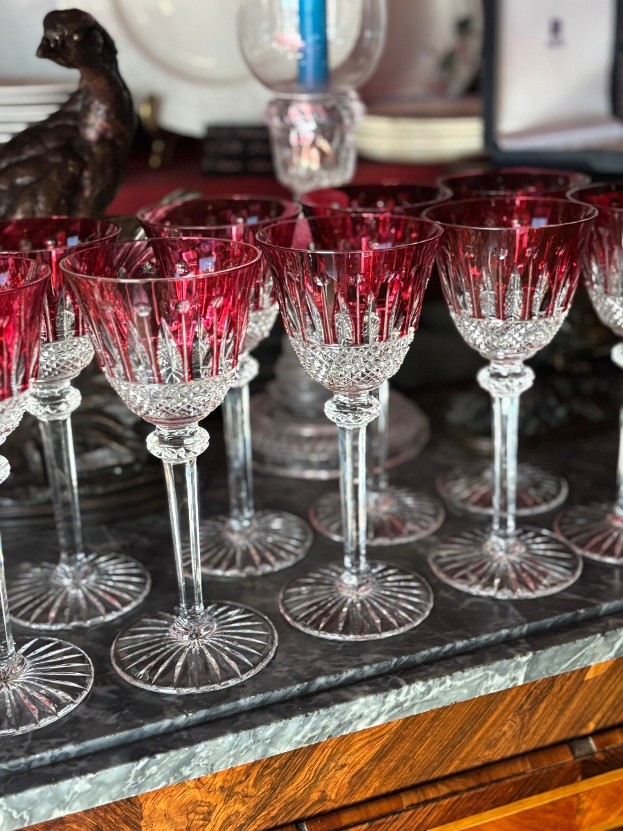 Beautiful Set Of 18 Saint Louis Tommy Rouge Glasses, Height 19.8cm-photo-3