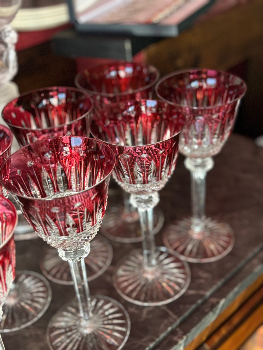 Beautiful Set Of 18 Saint Louis Tommy Rouge Glasses, Height 19.8cm-photo-1