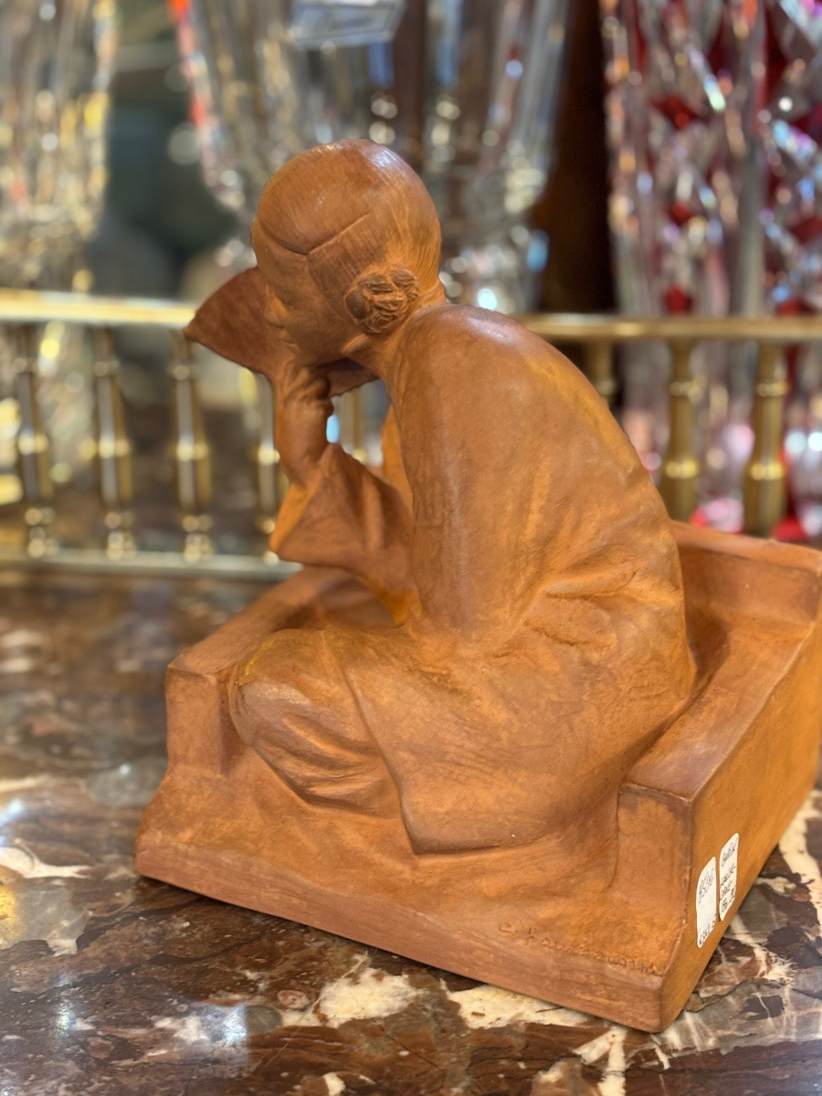Gaston Hochecorne Art Deco Terracotta Representing "the Chinese Woman With A Fan"-photo-2
