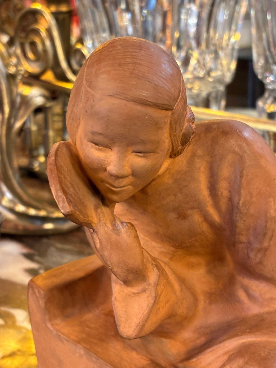 Gaston Hochecorne Art Deco Terracotta Representing "the Chinese Woman With A Fan"-photo-1