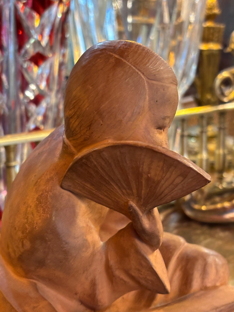 Gaston Hochecorne Art Deco Terracotta Representing "the Chinese Woman With A Fan"-photo-2