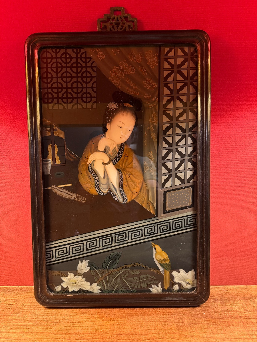 Japanese Reverse Glass Painting, Early 20th Century, 56.5cm X 37.5cm