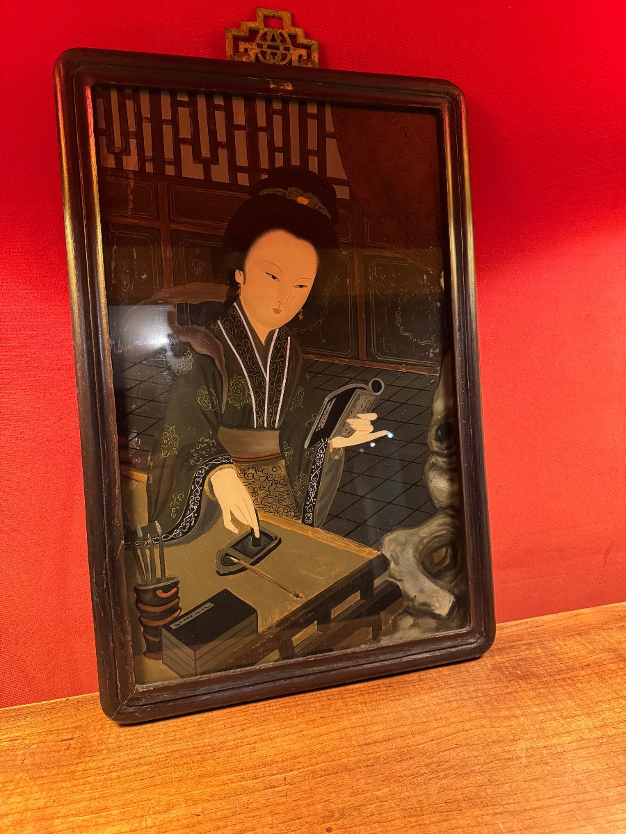 Japanese Reverse Glass Painting, Early 20th Century, 56.5cm X 37.5cm