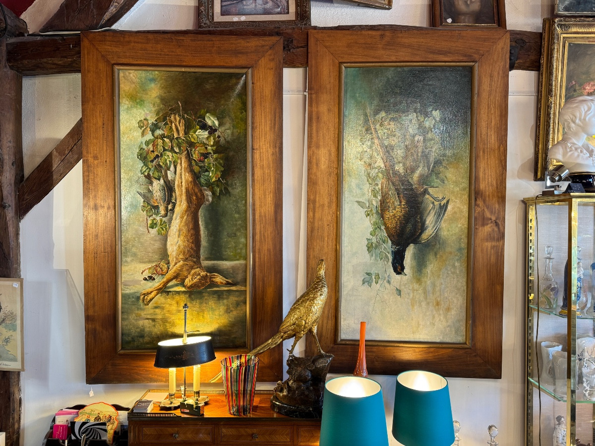 Paire de très grandes  natures morte aux gibiers 150cm de haut XIXème huile sur toile-photo-2