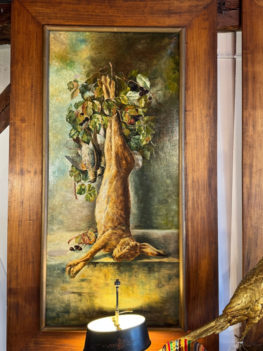 Paire de très grandes  natures morte aux gibiers 150cm de haut XIXème huile sur toile-photo-3