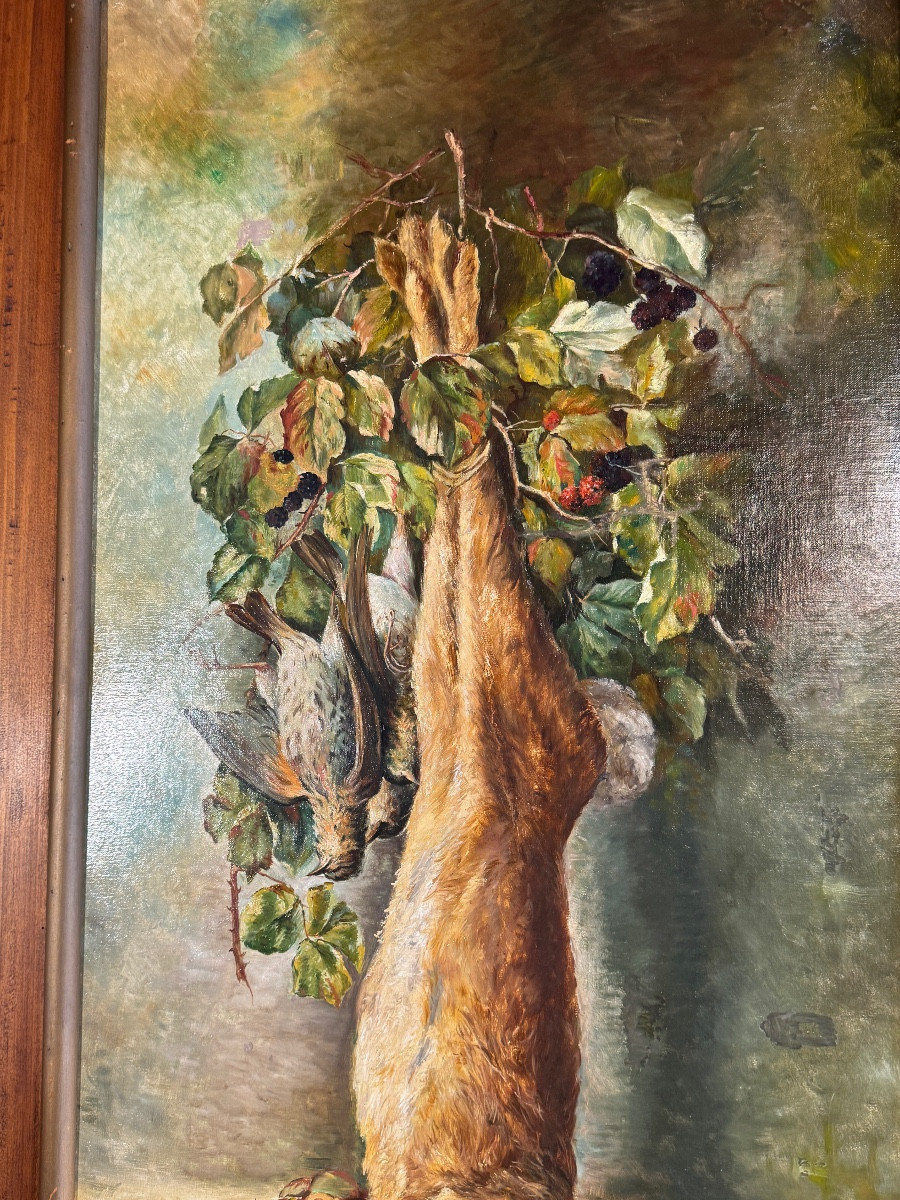 Paire de très grandes  natures morte aux gibiers 150cm de haut XIXème huile sur toile-photo-4