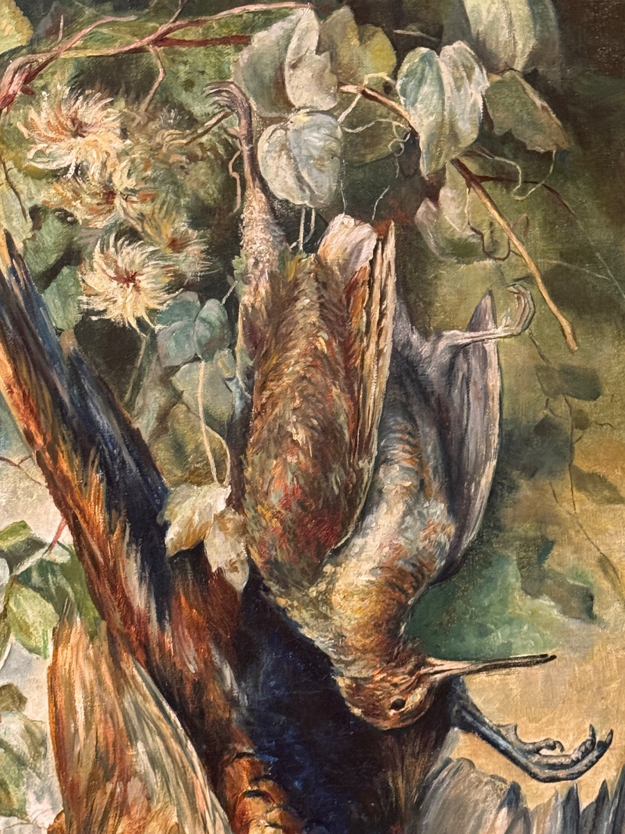 Paire de très grandes  natures morte aux gibiers 150cm de haut XIXème huile sur toile-photo-5