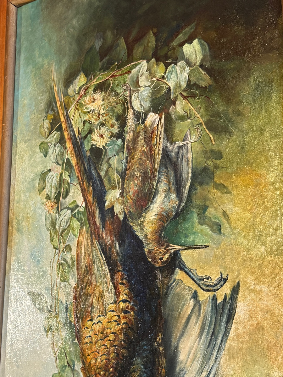Paire de très grandes  natures morte aux gibiers 150cm de haut XIXème huile sur toile-photo-4