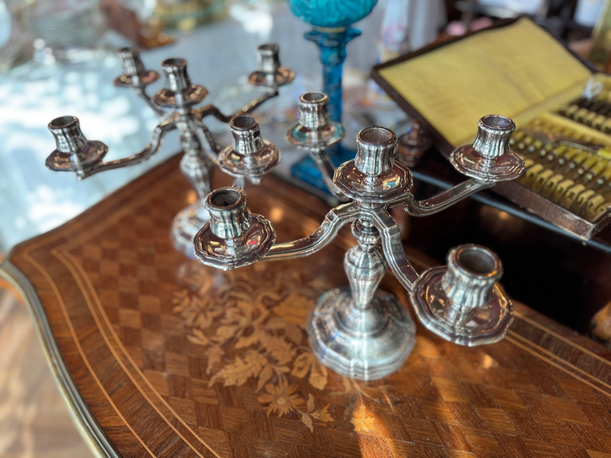 Pair Of Saint Médard Silver-plated Metal Candelabra, 4.844 Kg-photo-3