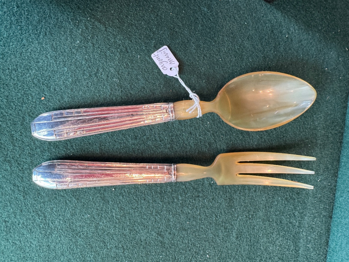 Art Deco Horn And Forged Silver Salad Servers