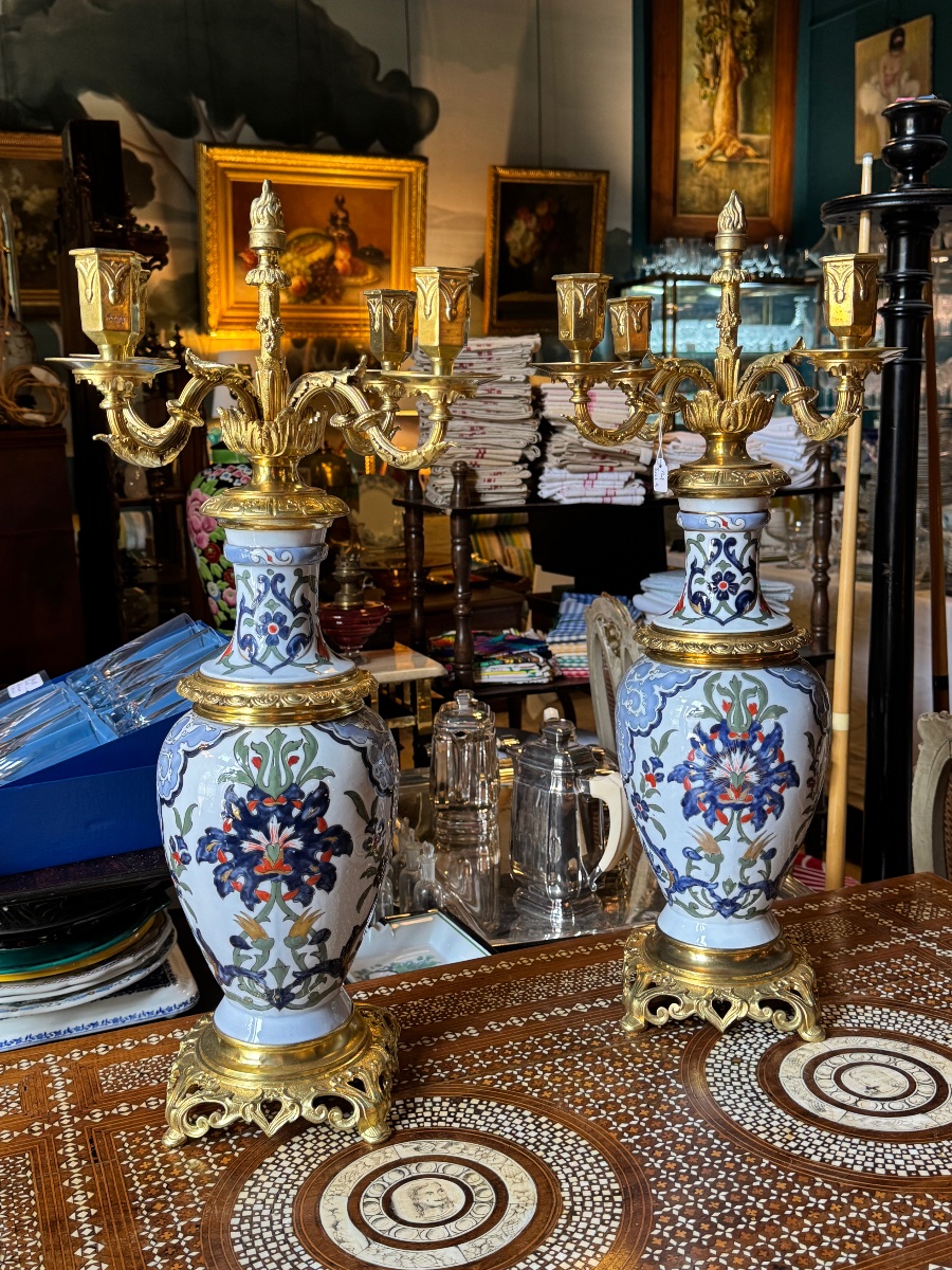 A Beautiful Pair Of Large, Hand-decorated 19th-century Porcelain Candelabras
