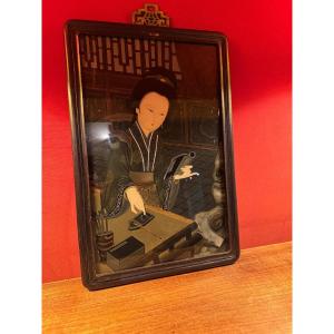 Japanese Reverse Glass Painting, Early 20th Century, 56.5cm X 37.5cm