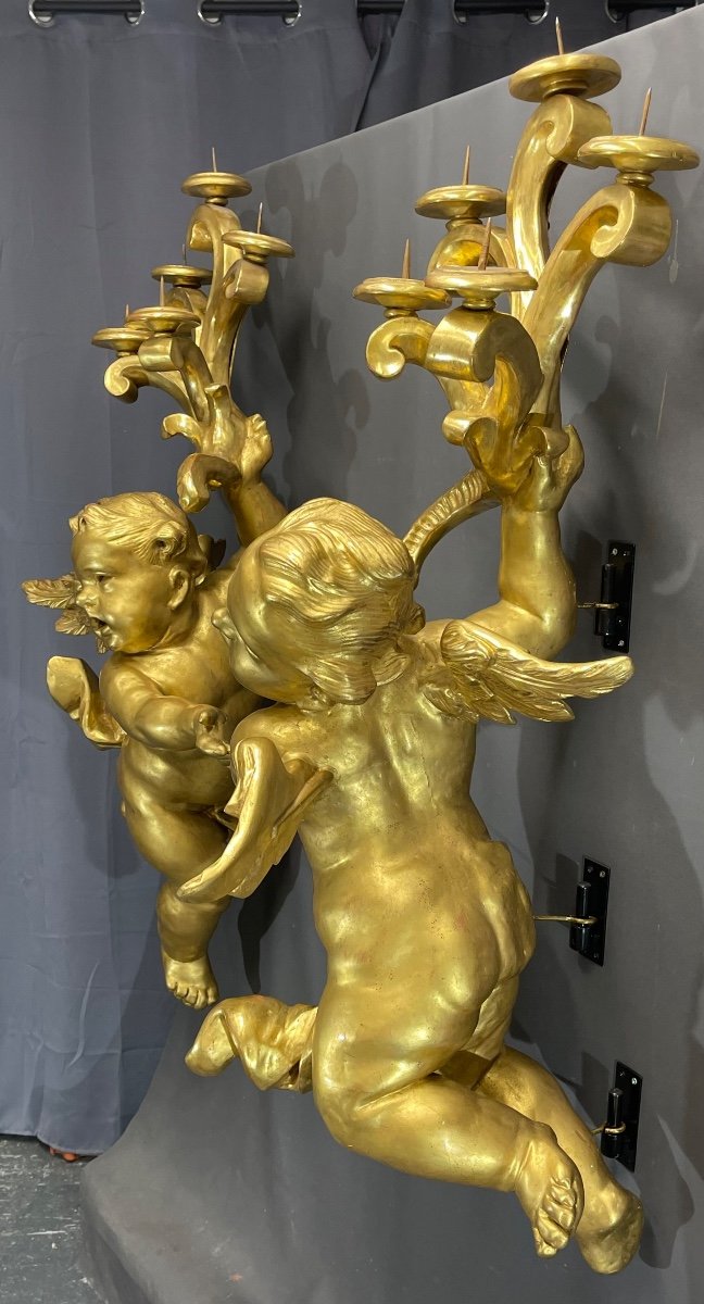 Pair Of Large Cherubs In Golden Wood XVIII Eme (cherubim, Putti, Angels)-photo-2