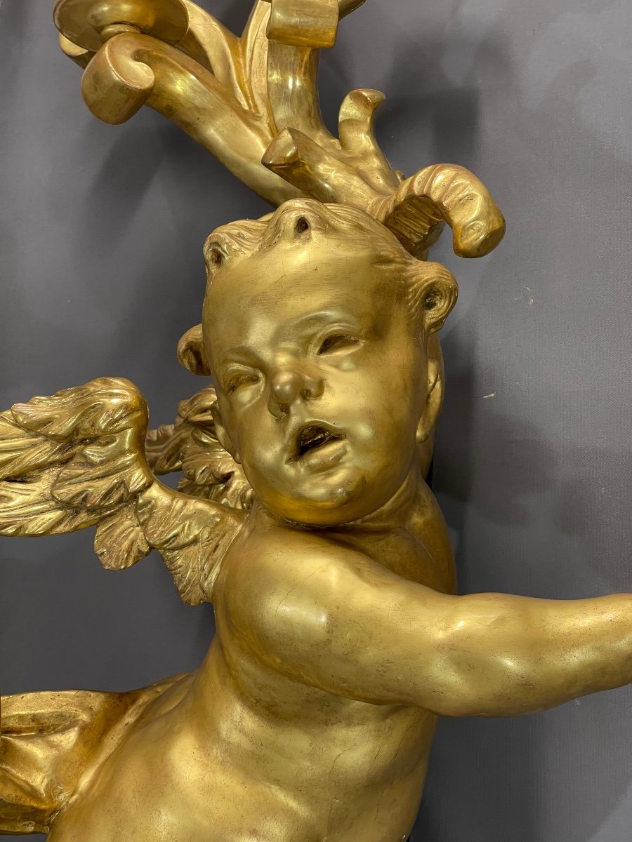 Pair Of Large Cherubs In Golden Wood XVIII Eme (cherubim, Putti, Angels)-photo-3
