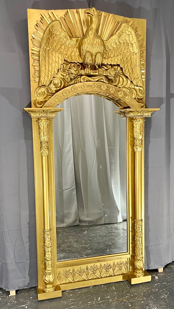 Large Old Mirror High 212 X101 Cm Empire Period, Wood Gilded With Gold Leaf, Very Good Condition-photo-2