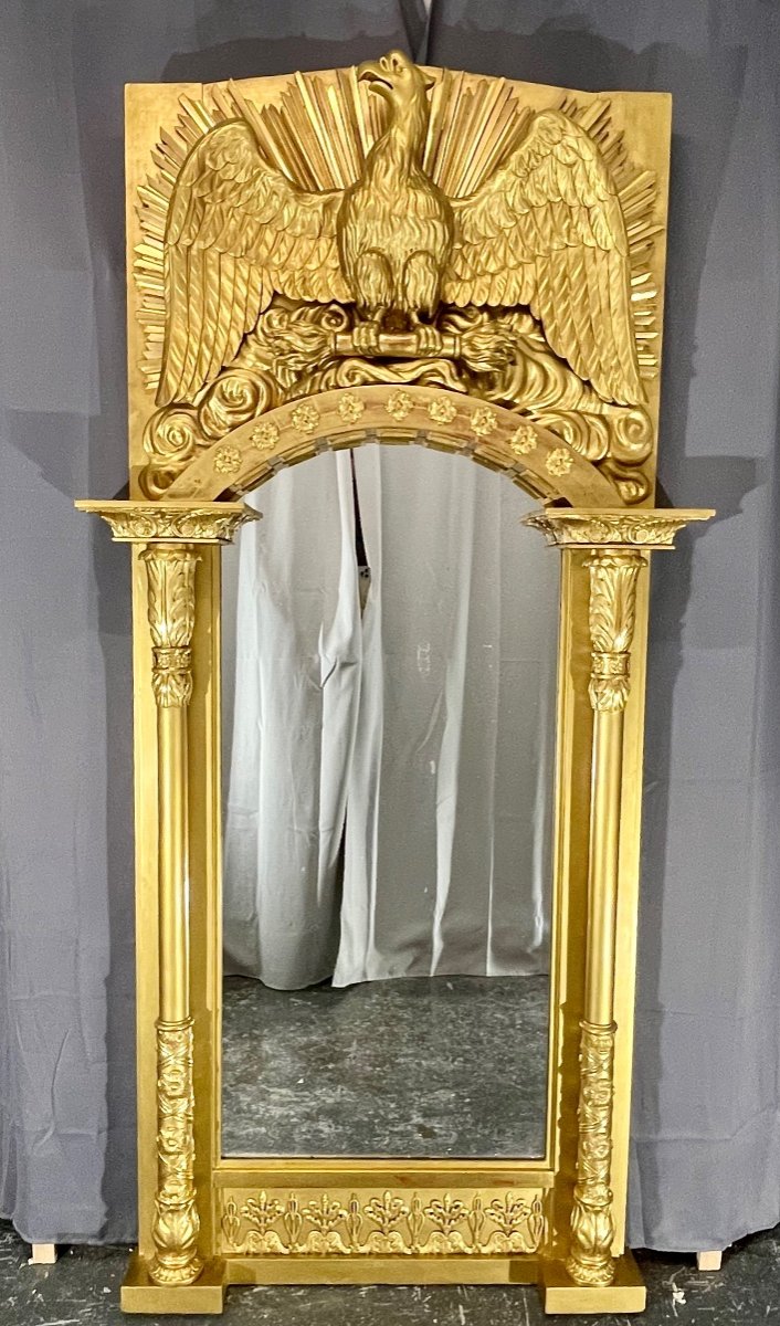 Large Old Mirror High 212 X101 Cm Empire Period, Wood Gilded With Gold Leaf, Very Good Condition