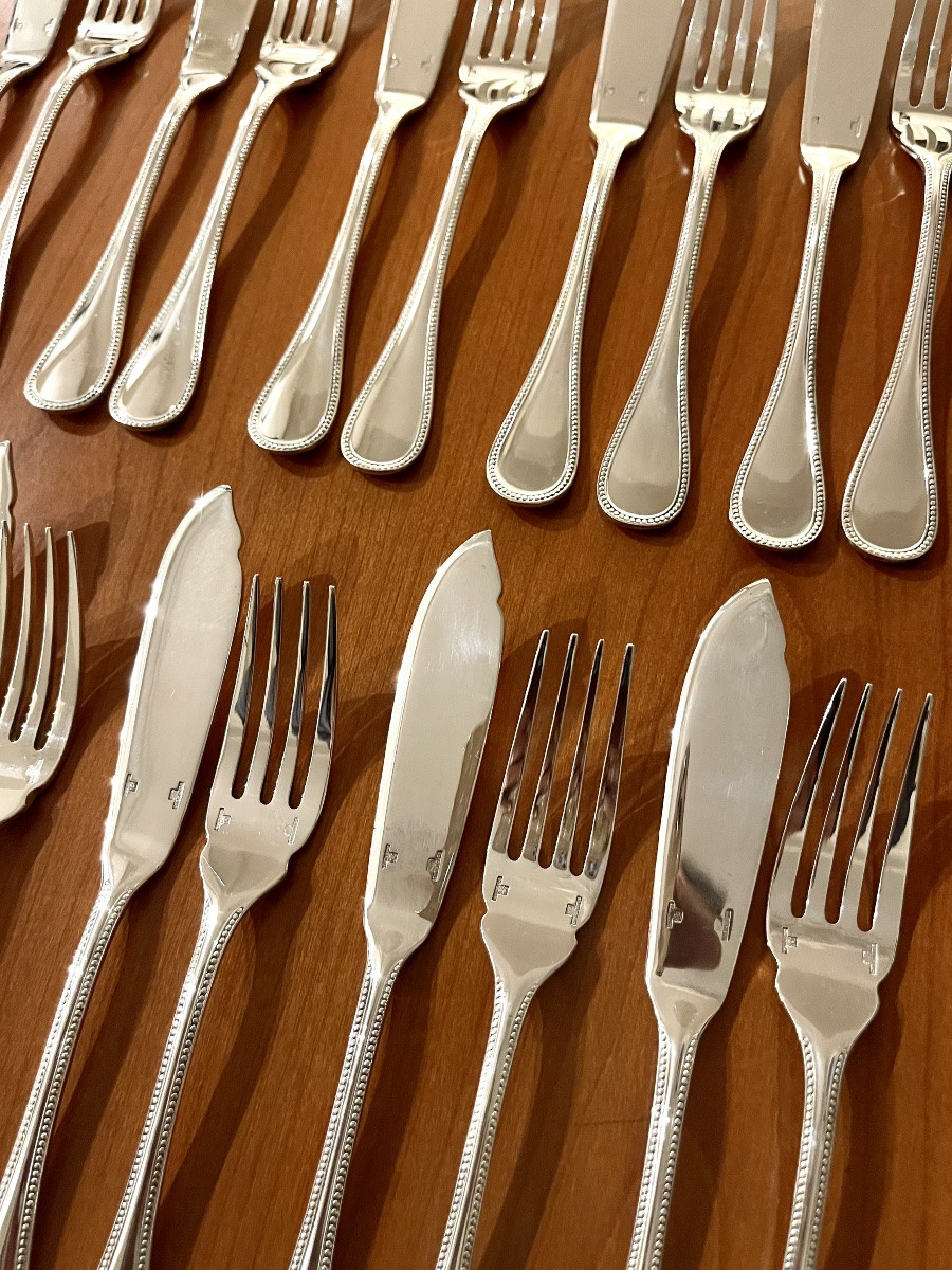 Christofle Perles 12 Fish Cutlery Set In Excellent Condition -photo-8
