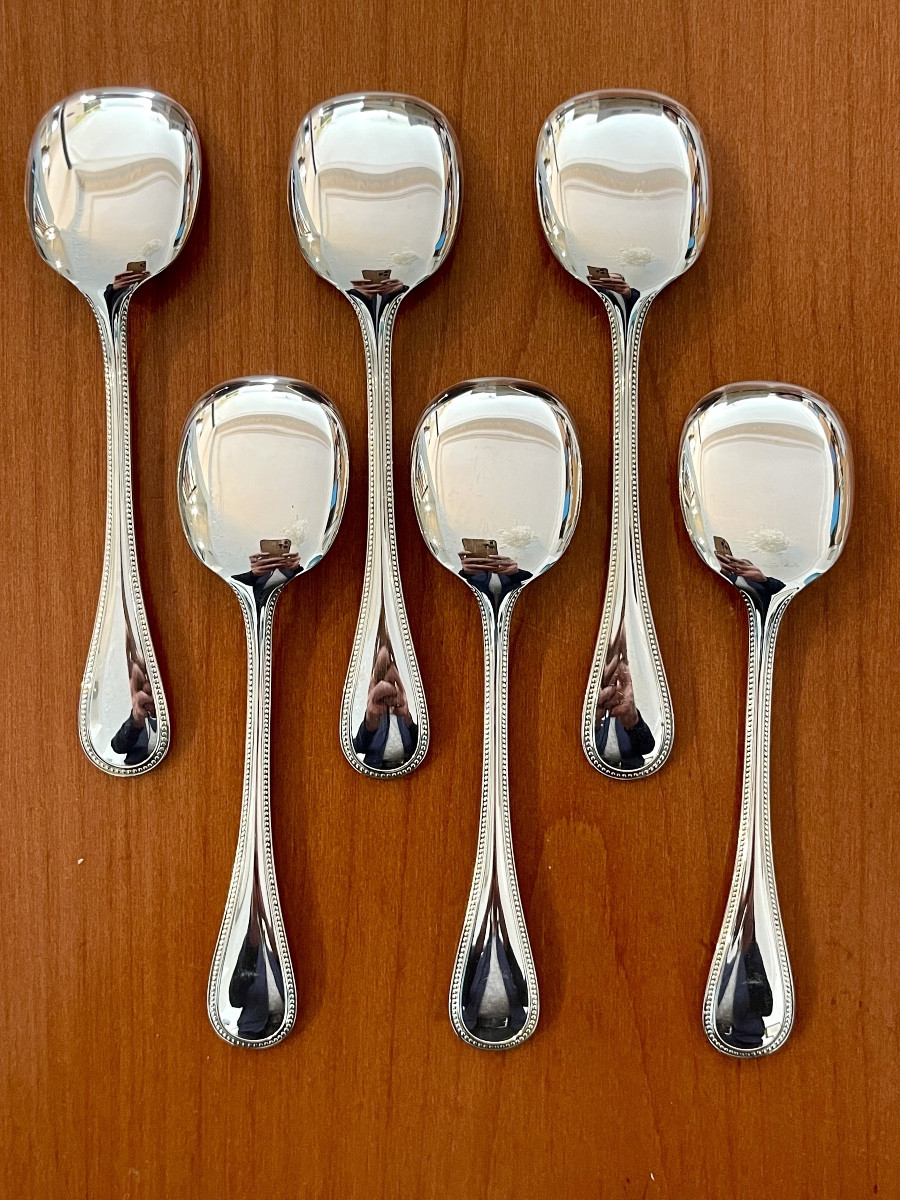 Christofle Perles 6 Ice Cream Spoons, Sorbet, New Condition -photo-4