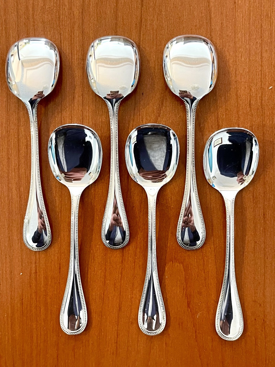 Christofle Perles 6 Ice Cream Spoons, Sorbet, New Condition -photo-5