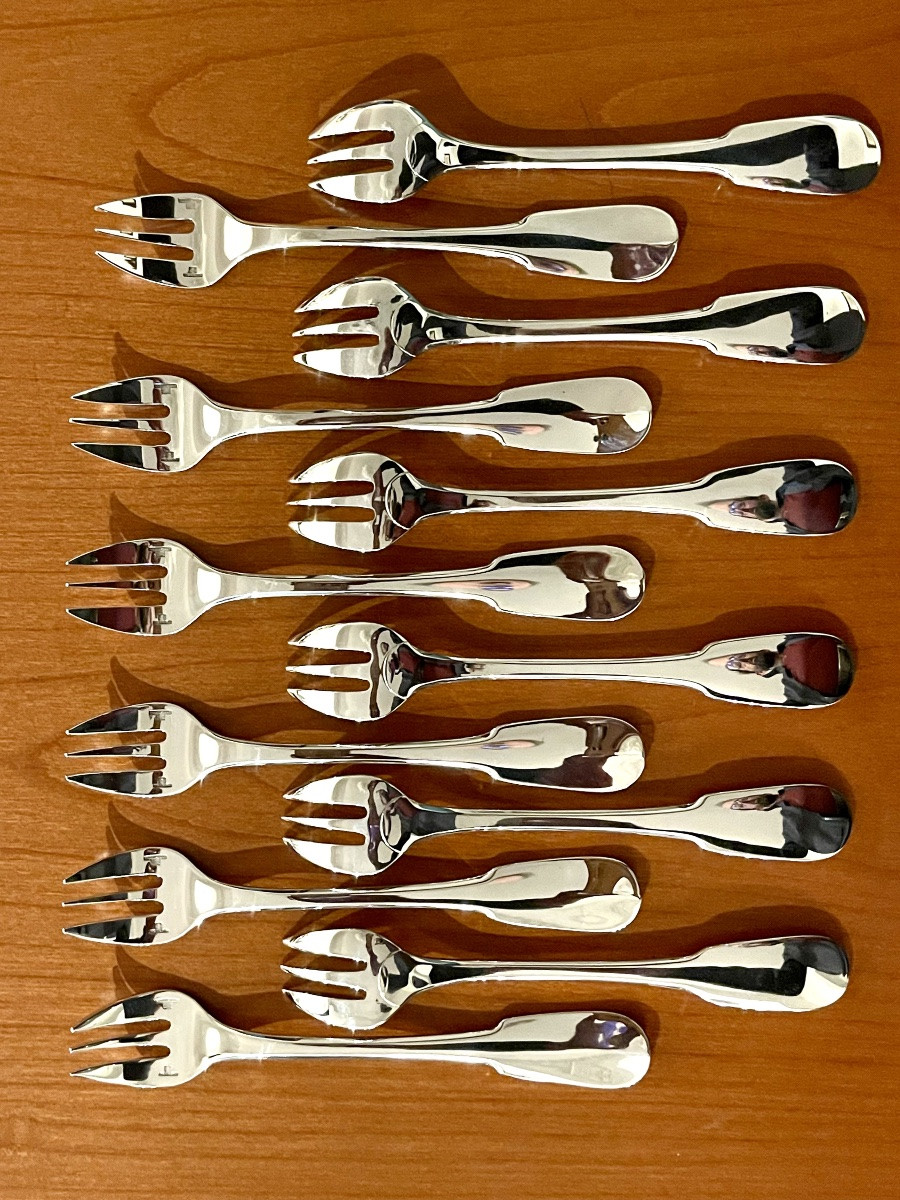 Christofle Cluny, 12 Oyster And Shellfish Forks, Excellent Condition -photo-2
