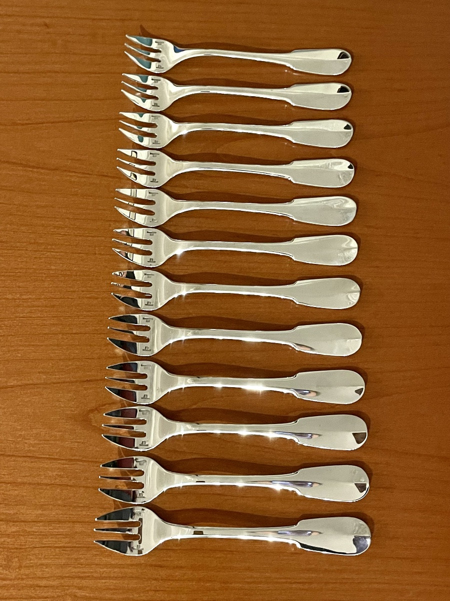 Christofle Cluny, 12 Oyster And Shellfish Forks, Excellent Condition -photo-3