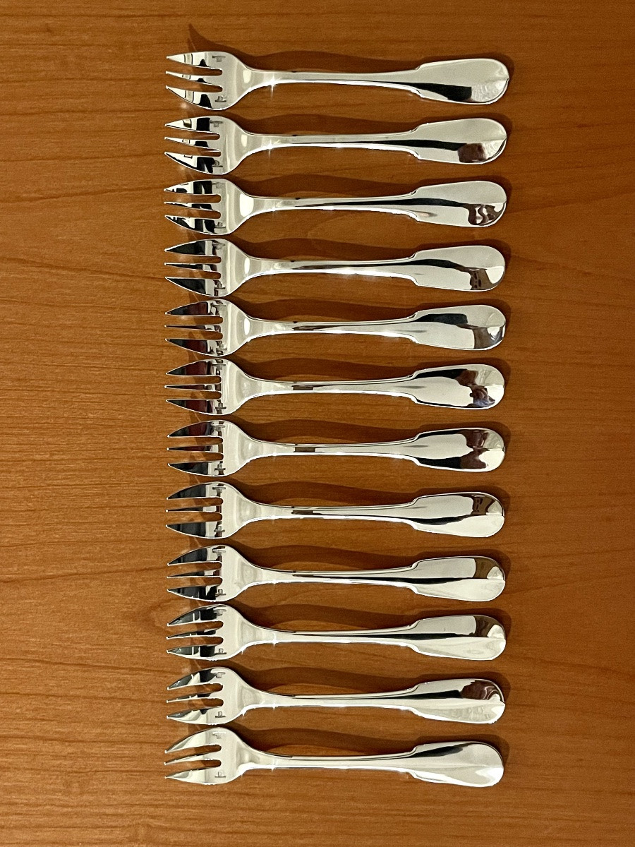 Christofle Cluny, 12 Oyster And Shellfish Forks, Excellent Condition -photo-4