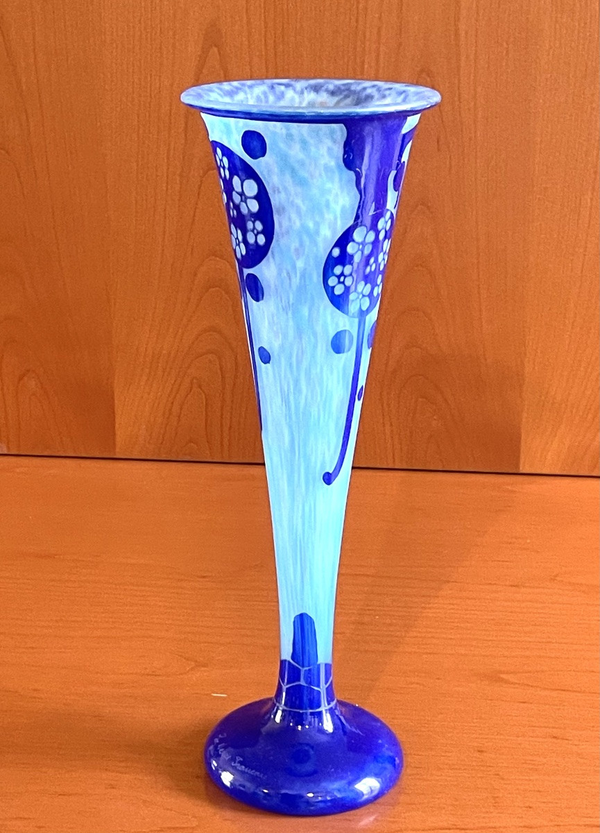 Azurette Vase, French Glass By Charles Schneider -photo-3