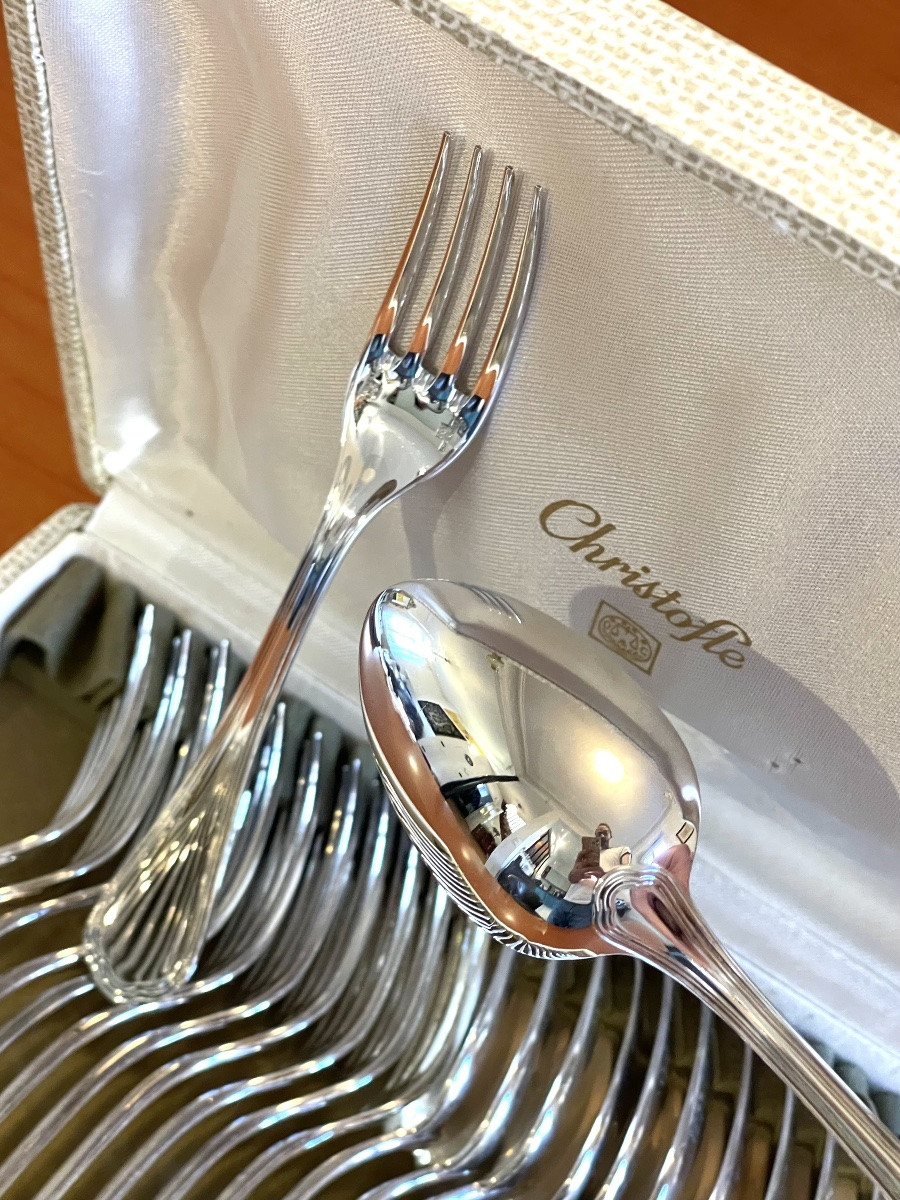 Christofle spatours , couverts à entremet , 12 cuillères,12 fourchettes état neuf -photo-6