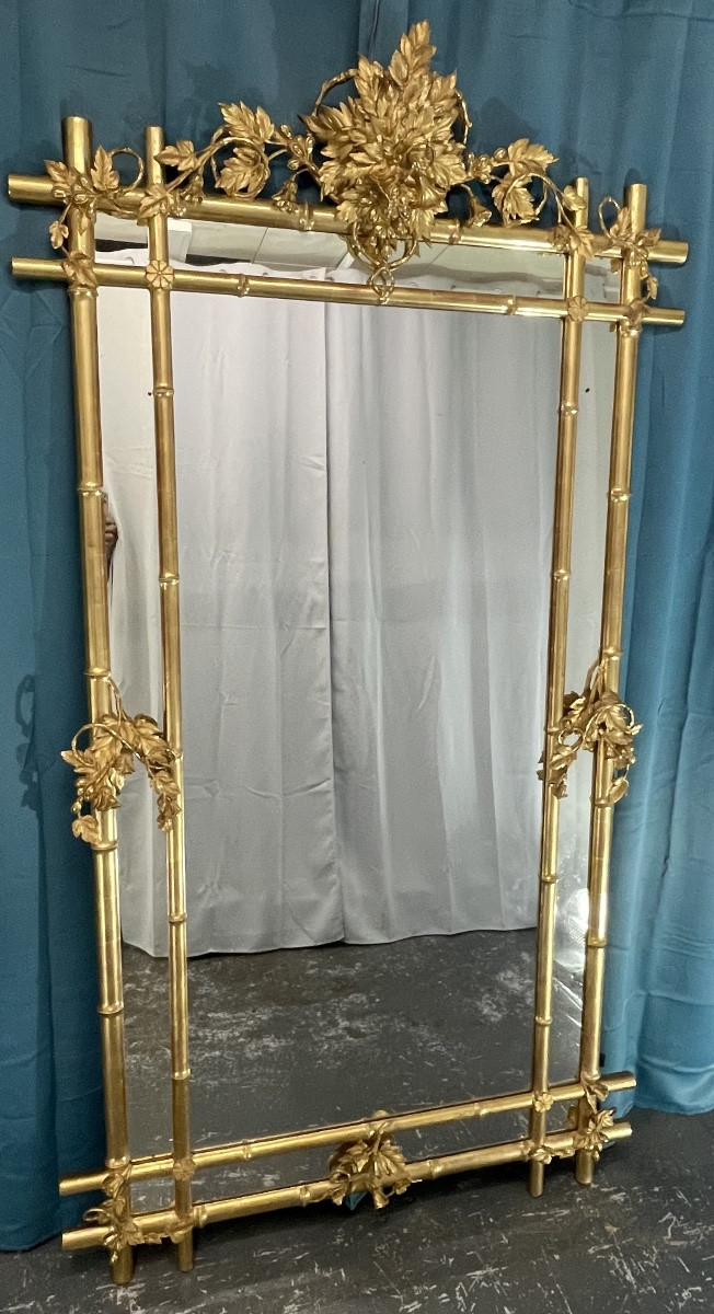 Grand Miroir bambou ancien XIX e 218x118 cm  en bois et stuc doré -photo-2