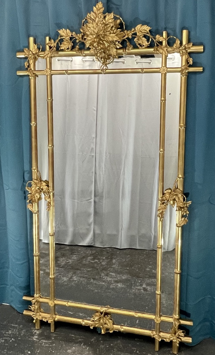Grand Miroir bambou ancien XIX e 218x118 cm  en bois et stuc doré -photo-3
